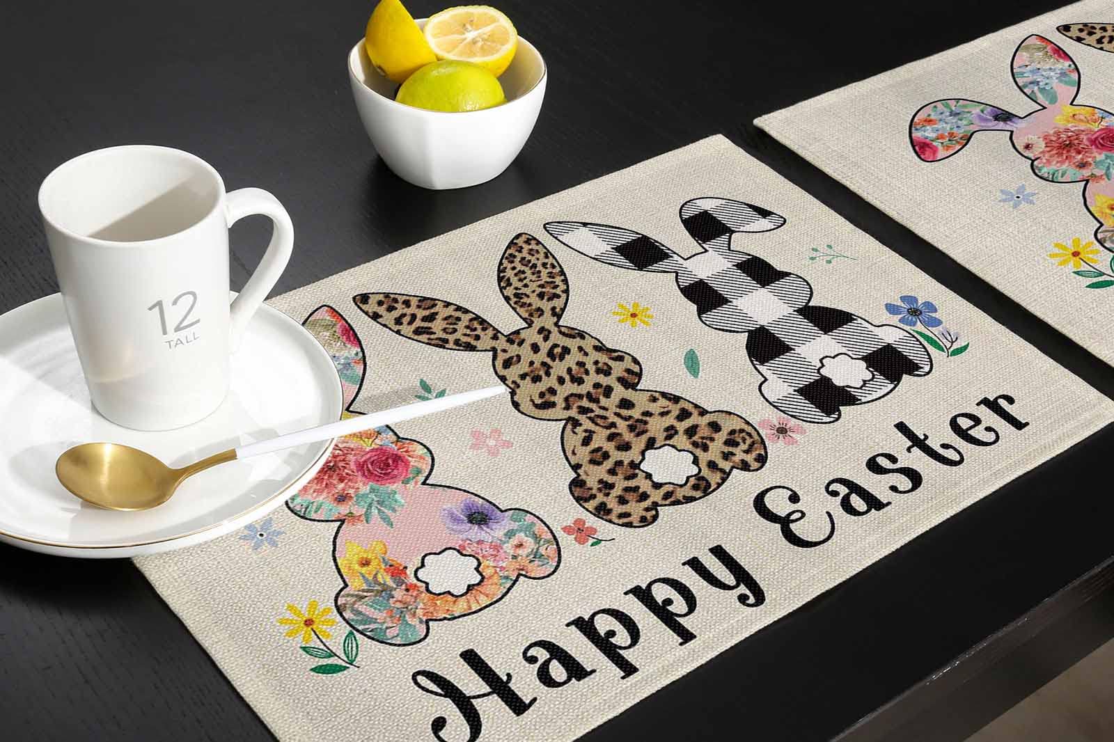 Easter Bunny Placemats Set of 4 - Leopard Print & Floral Striped Table Mats for Spring Dining Decor, Holiday Party, Kitchen & Banquet Table Settings - Perfect for Easter Brunch, Family Gatherings & Seasonal Home Decor
