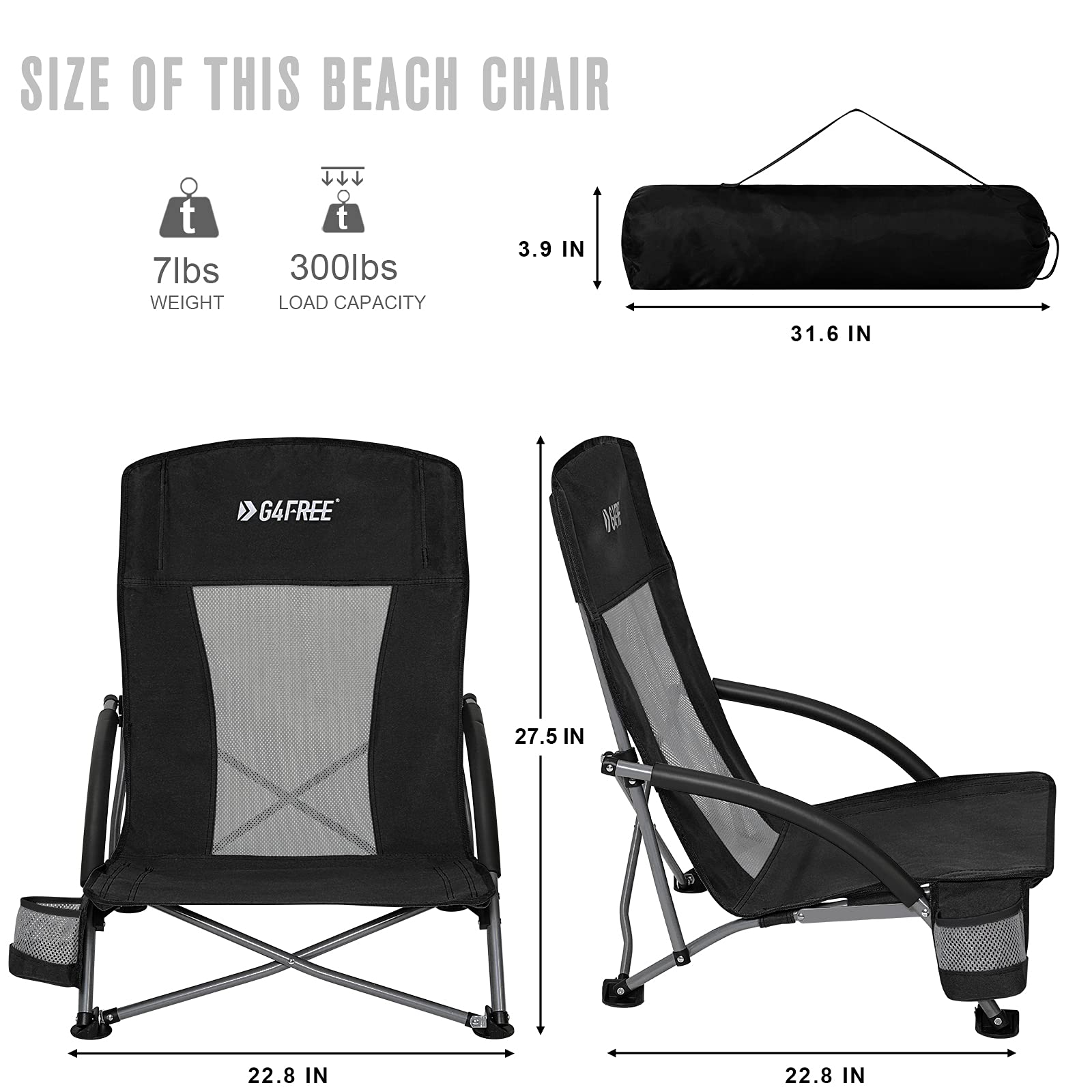 G4Free Folding Beach Chair - Portable Backpack Camping Chair for Adults with Mesh Back Support - Perfect for Beach, Picnic, Park, and Outdoor Relaxation