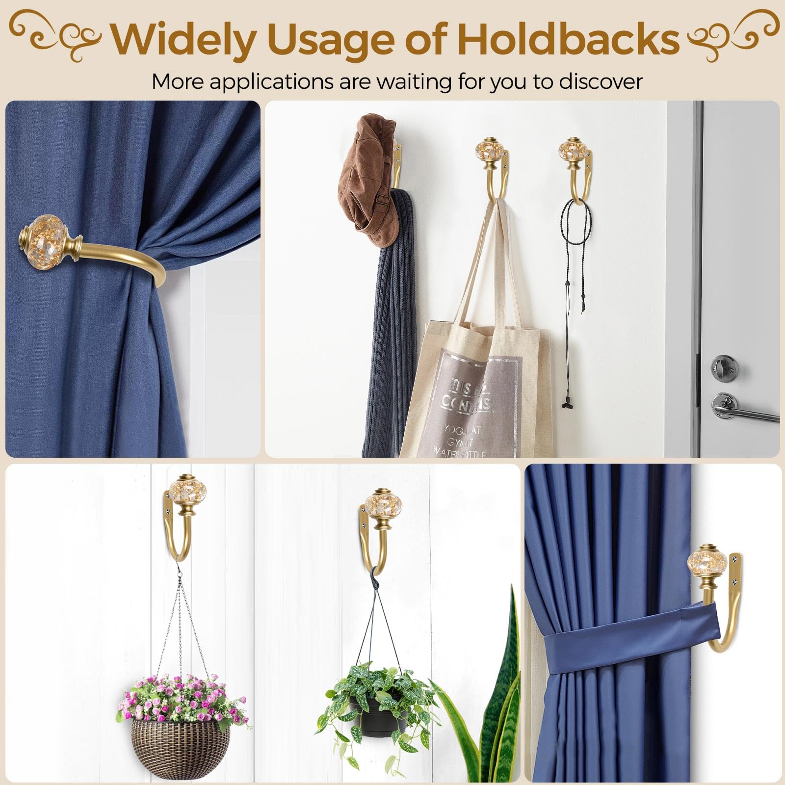 2 Pack Gold Curtain Holdbacks - Decorative Drapery Tiebacks with Translucent Finials (6.1