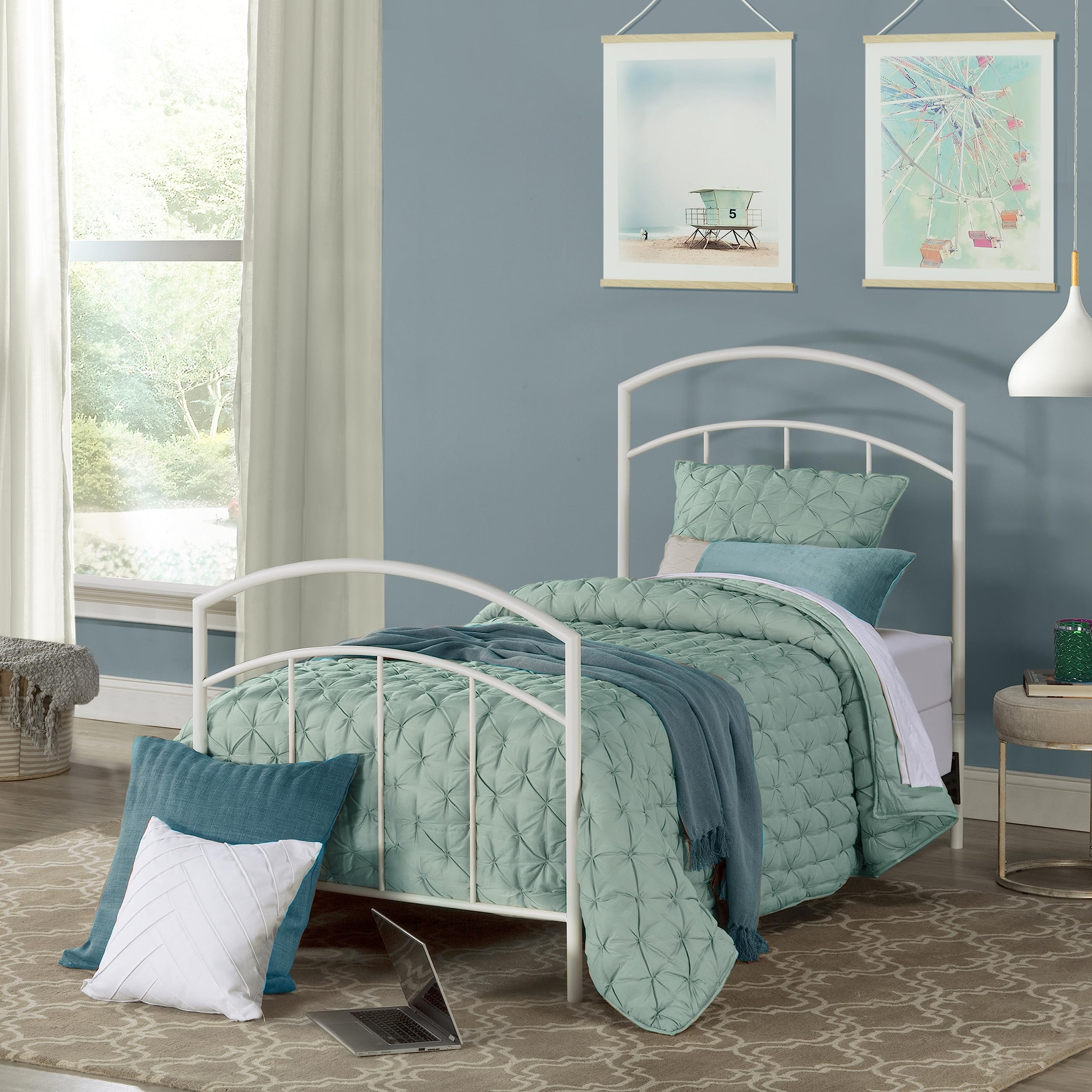 Julien Twin Metal Bed Frame with Textured White Finish - Sturdy & Modern Design for Kids, Teens & Guest Rooms - Perfect for Bedrooms, Dorms & Apartments