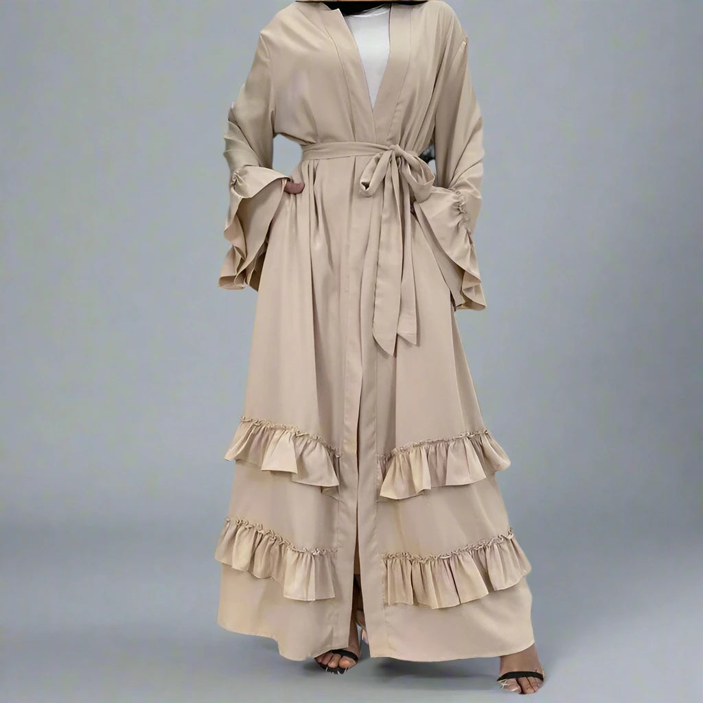 Elegant Muslim Women's Ruffle Sleeve Cardigan Open Robe Abaya Dress - Modest Islamic Clothing for Prayer, Home & Special Occasions