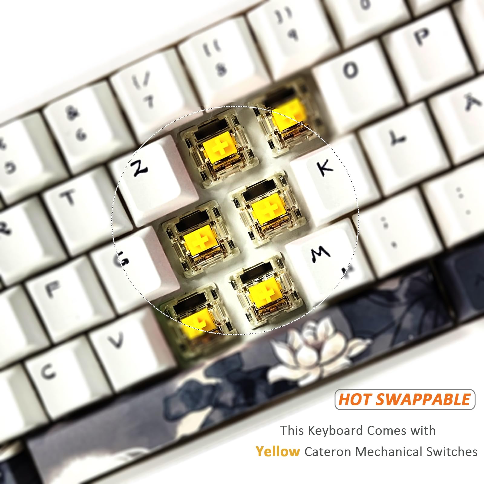 MOLGRIA GK68 68-Key RGB Backlit Hot Swappable Mechanical Gaming Keyboard with Ink Lotus Deutsch Keycaps, Gateron Yellow Switches, Triple Mode Connection & Knob - Compatible with Win/Mac OS - Perfect for Gaming, Typing & Office Work