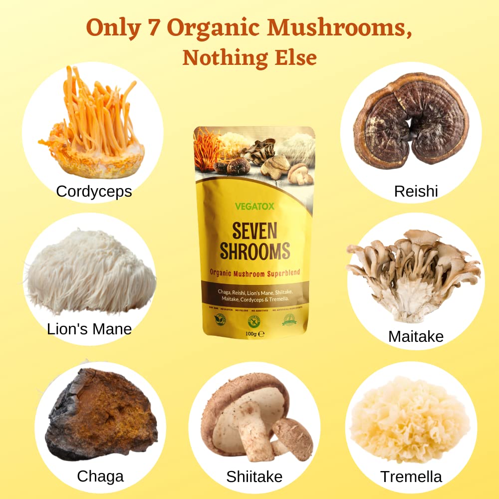 Organic Seven Mushroom Powder Blend - Chaga, Reishi, Lion's Mane, Cordyceps | 100% Pure Medicinal Mushroom Supplement | Vegan, Gluten-Free | Boost Immunity & Cognitive Function | 100g | Perfect for Smoothies, Coffee & Wellness Routines