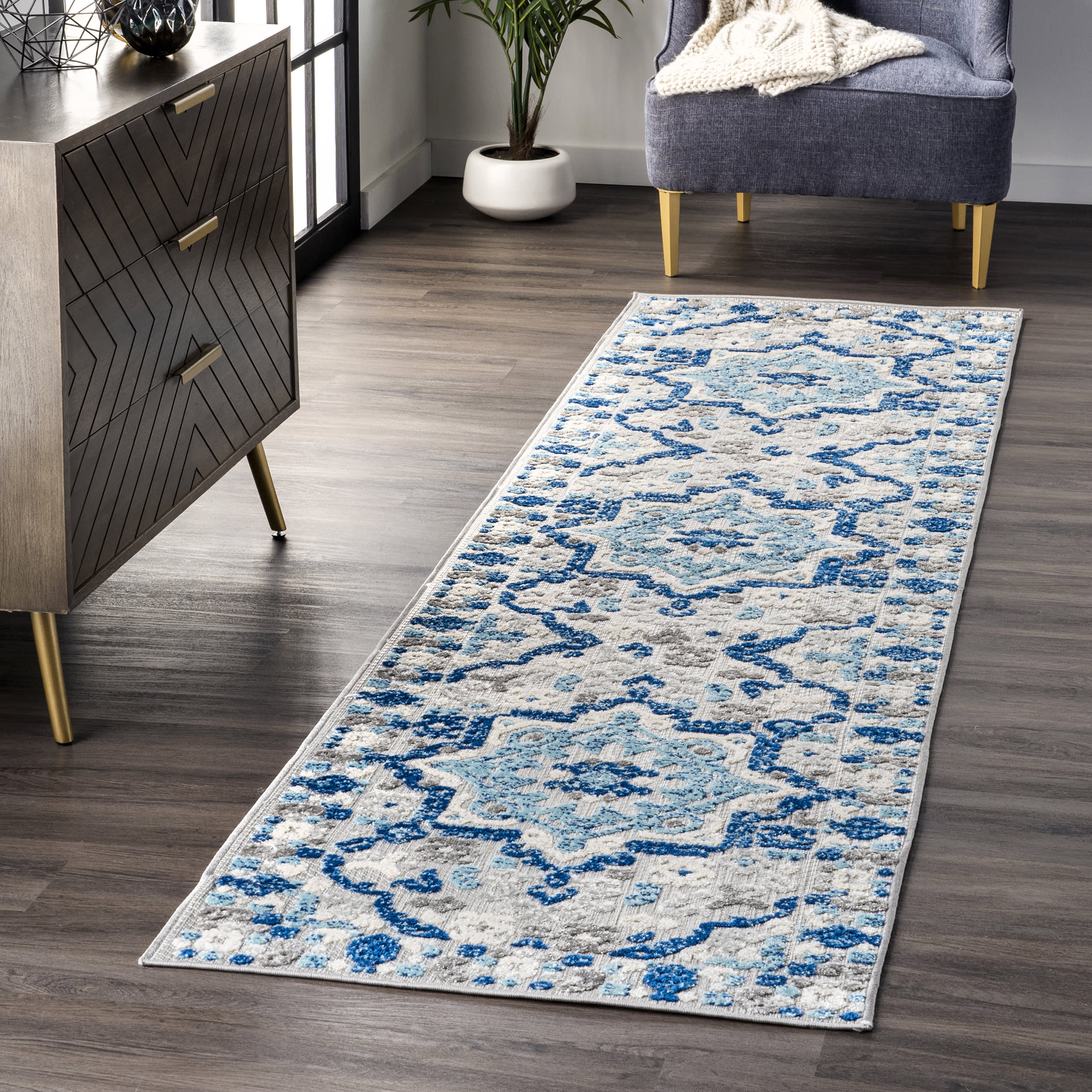 Castle Medallion Indoor/Outdoor Area Rug - Blue Persian Style Decorative Carpet for Living Room, Bedroom, Patio & Deck | Water-Resistant & Durable Floor Mat