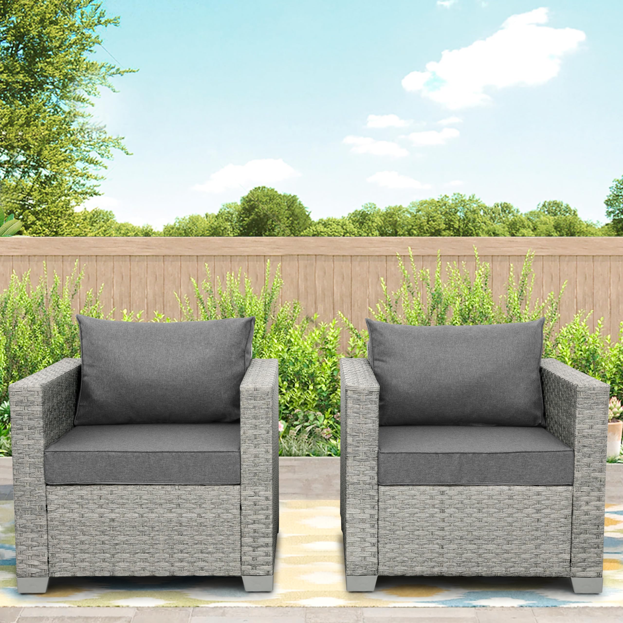WAROOM 2-Piece Outdoor Wicker Patio Sofa Set - Grey Rattan Deep Seating Armchairs with Cushions for Porch, Balcony, Garden & Poolside Relaxation