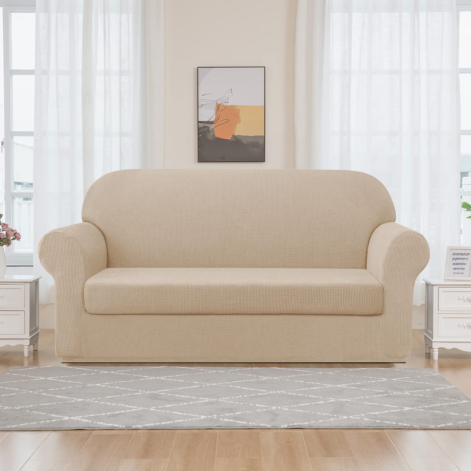 SUBRTEX Stretch Sofa Covers 2-Piece Set - Washable Elastic Slipcover for 2-3 Cushion Couches, Khaki Large - Perfect for Living Room, Family Room & Home Decor Protection