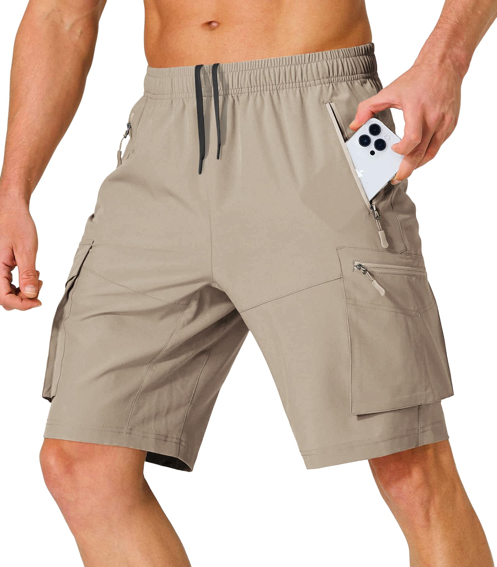 Lexiart Men's Hiking Cargo Shorts - Stretchable Quick-Dry Outdoor Shorts with Drawstring Waist & Zipper Pockets | Perfect for Hiking, Camping, Travel & Summer Adventures