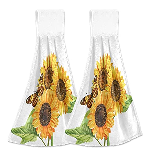 **Sunflower & Butterfly Printed Kitchen Hand Towels - 2PCS Soft Super Absorbent Dishcloths with Hanging Loop (12x17 Inches) - Perfect for Fall Decor, Oven, Dish Drying & Bathroom Use**