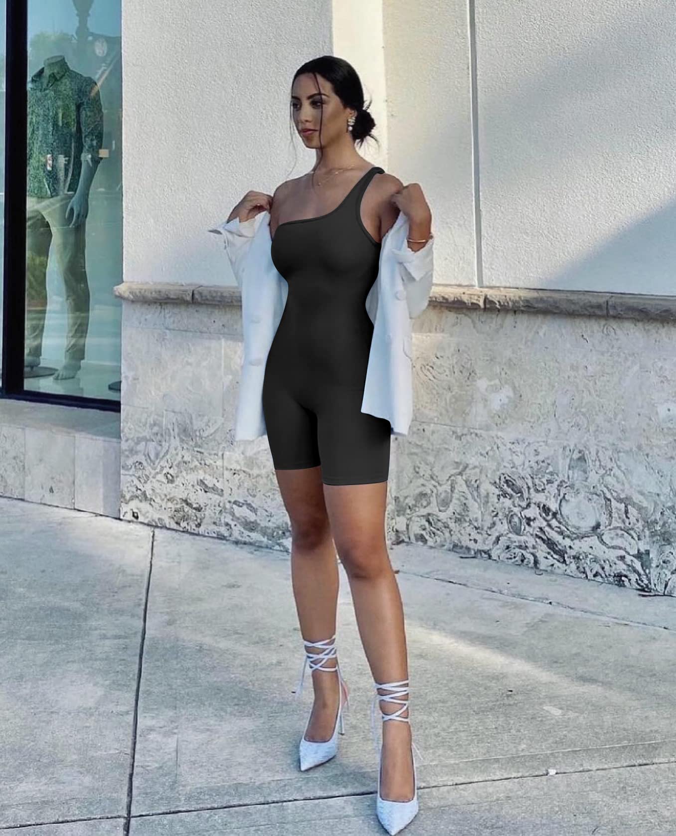 GOBLES Women's Sexy One Shoulder Sleeveless Bodycon Jumpsuit - Stretchy Short Romper for Night Out, Club Wear & Summer Party Outfit