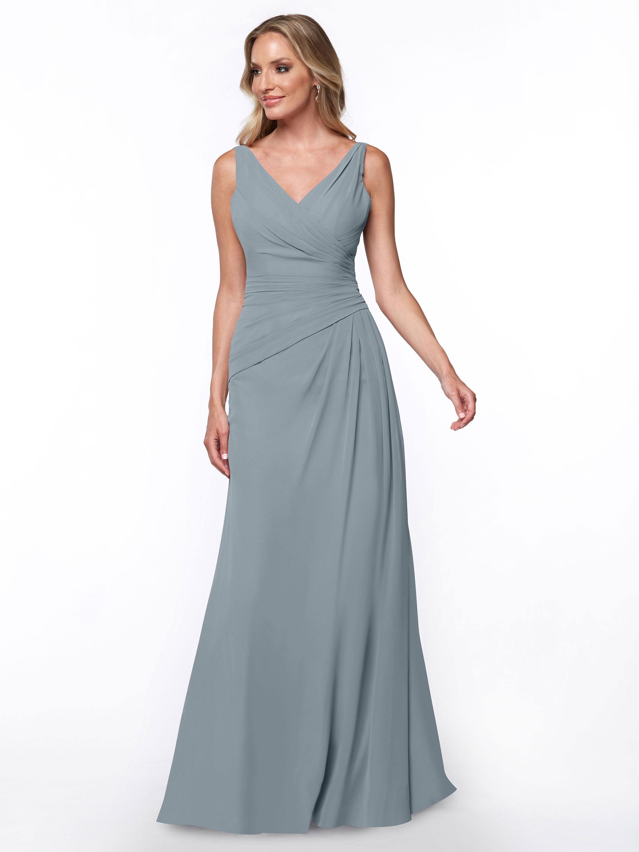 Elegant 80030 Chiffon Sheath Bridesmaid Dress with Ruching V-Neck Bodice - Perfect for Weddings, Formal Events & Special Occasions