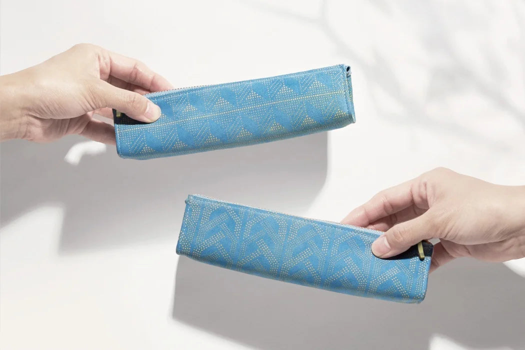 Premium Japanese Koshu Inden Deerskin Leather Pencil Case - Handcrafted Antler & Light Blue Design - Authentic Traditional Craft from Japan - Perfect for School, Office & Gift Giving