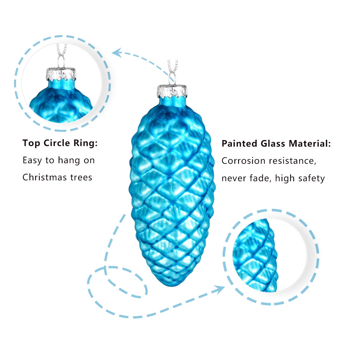 Ecosides 12-Piece Blue Painted Glass Pine Cone Christmas Ornaments - Handmade Hanging Decorations for Holiday Tree, Home, and Festive Party Decorations | Perfect for Christmas, Winter, and Seasonal Celebrations