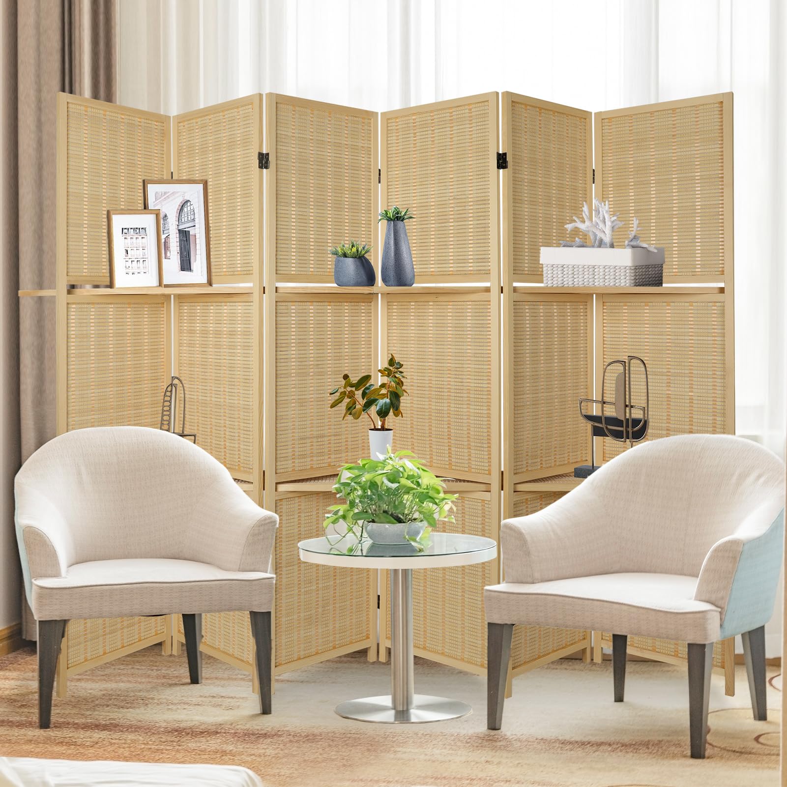 ECOMEX 6 Panel Bamboo Room Divider with Shelves - Foldable Privacy Screen for Home, Office, Studio Apartment & Garage - Natural Wood Partition for Space Organization & Decoration