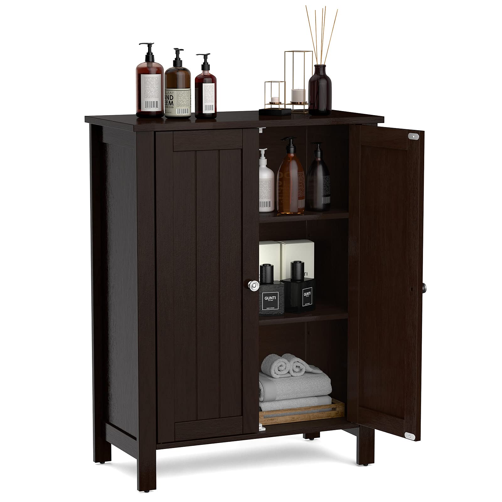 GOFLAME 3-Tier Adjustable Freestanding Bathroom Storage Cabinet with Double Doors - Wooden Floor Organizer for Bathroom, Living Room & Kitchen - Perfect for Towel Storage, Toiletries Organization and Home Decor (Brown)