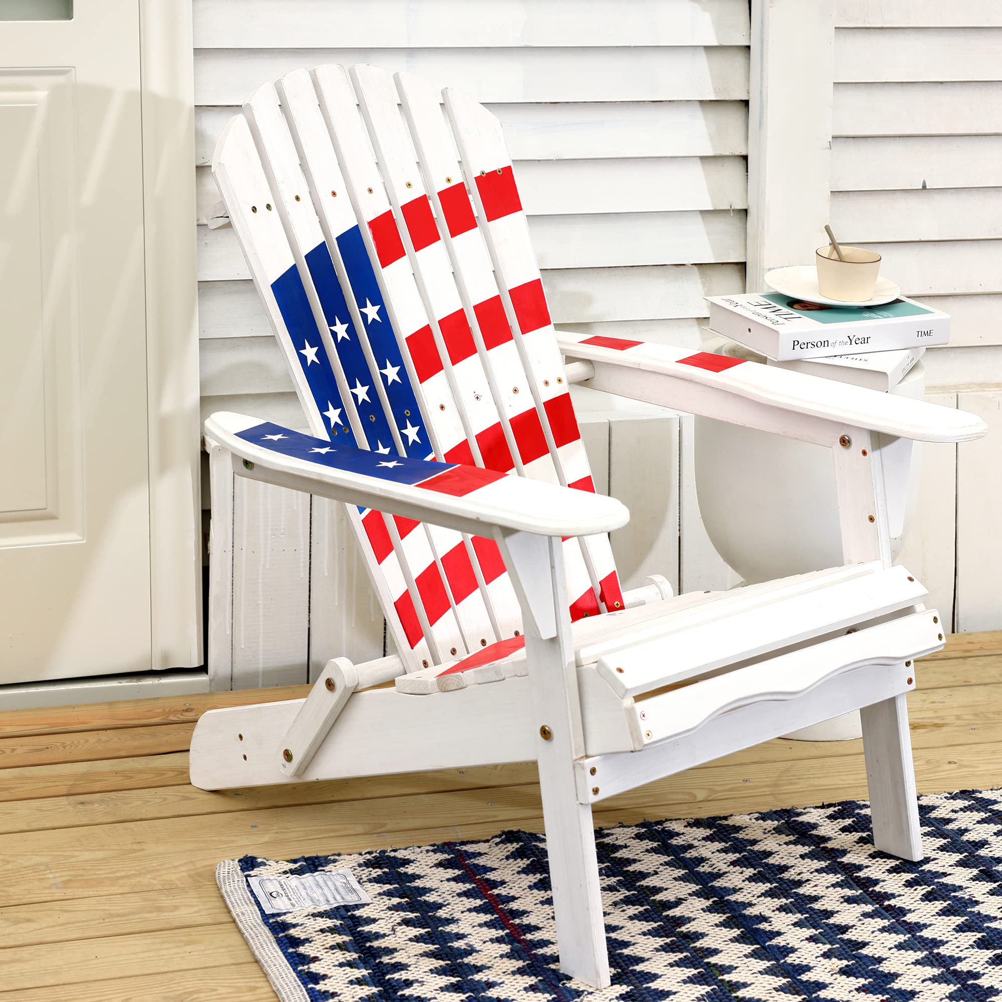 LuxenHome Folding Adirondack Chair - Patriotic Stars & Stripes Design, Oversized Fire Pit Lounge Chair for Outdoor, Patio, Garden & Backyard - Durable Fir Wood Construction - Perfect for Camping, BBQs & Relaxing in Your Yard