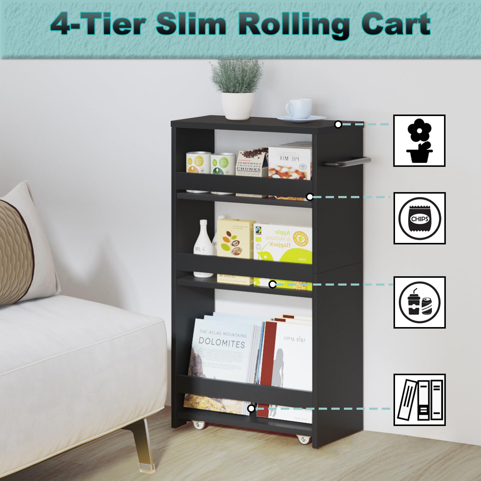 MARTY 4-Tier Slim Rolling Storage Cart with Wheels & Handle - 7.9