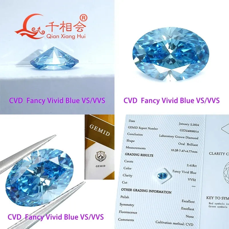 1ct & 2.4ct Lab Grown CVD Diamond - Fancy Vivid Aqua Blue, Oval Shape, VVS-SI Clarity, GEMID Certified Loose Stone for Jewelry Making & Engagement Rings