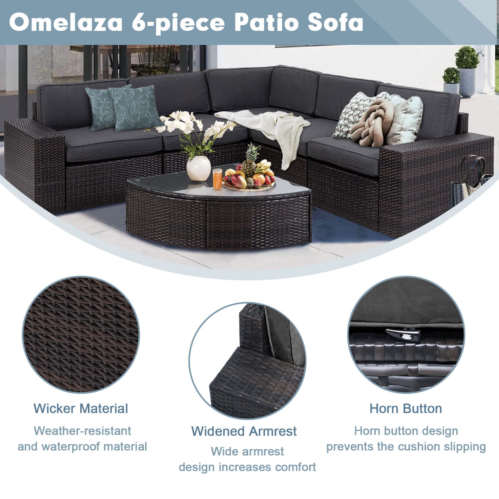 6-Piece Outdoor Sectional Sofa Set - Patio Wicker Furniture with Tempered Glass Table & Cushions (Grey) - Perfect for Backyard, Garden, Poolside & Outdoor Conversations