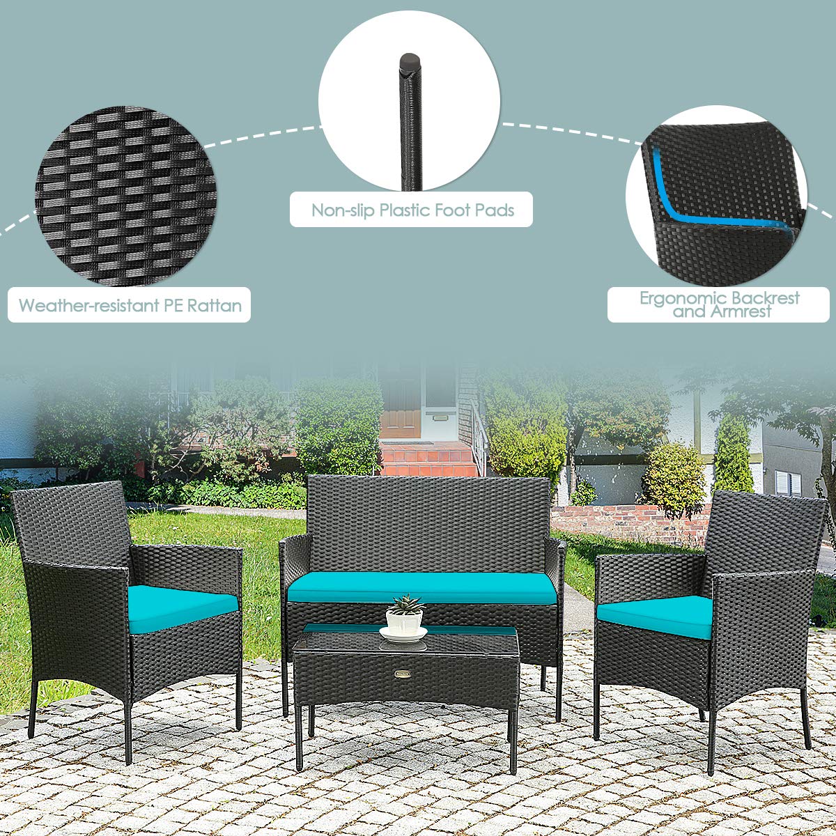 HAPPYGRILL 4-Piece Outdoor Patio Furniture Set - Rattan Wicker Conversation Sofa with Tempered Glass Top Table & Removable Cushions - Perfect for Poolside, Garden, Backyard, and Patio Relaxation