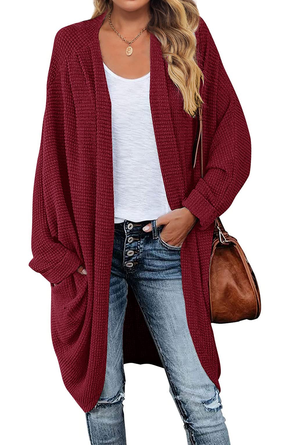 MEROKEETY Women's 2025 Fall Waffle Knit Batwing Long Sleeve Cardigan - Loose Open Front Sweater Coat for Women | Cozy Autumn Layering Piece for Office, Date Night & Casual Outings