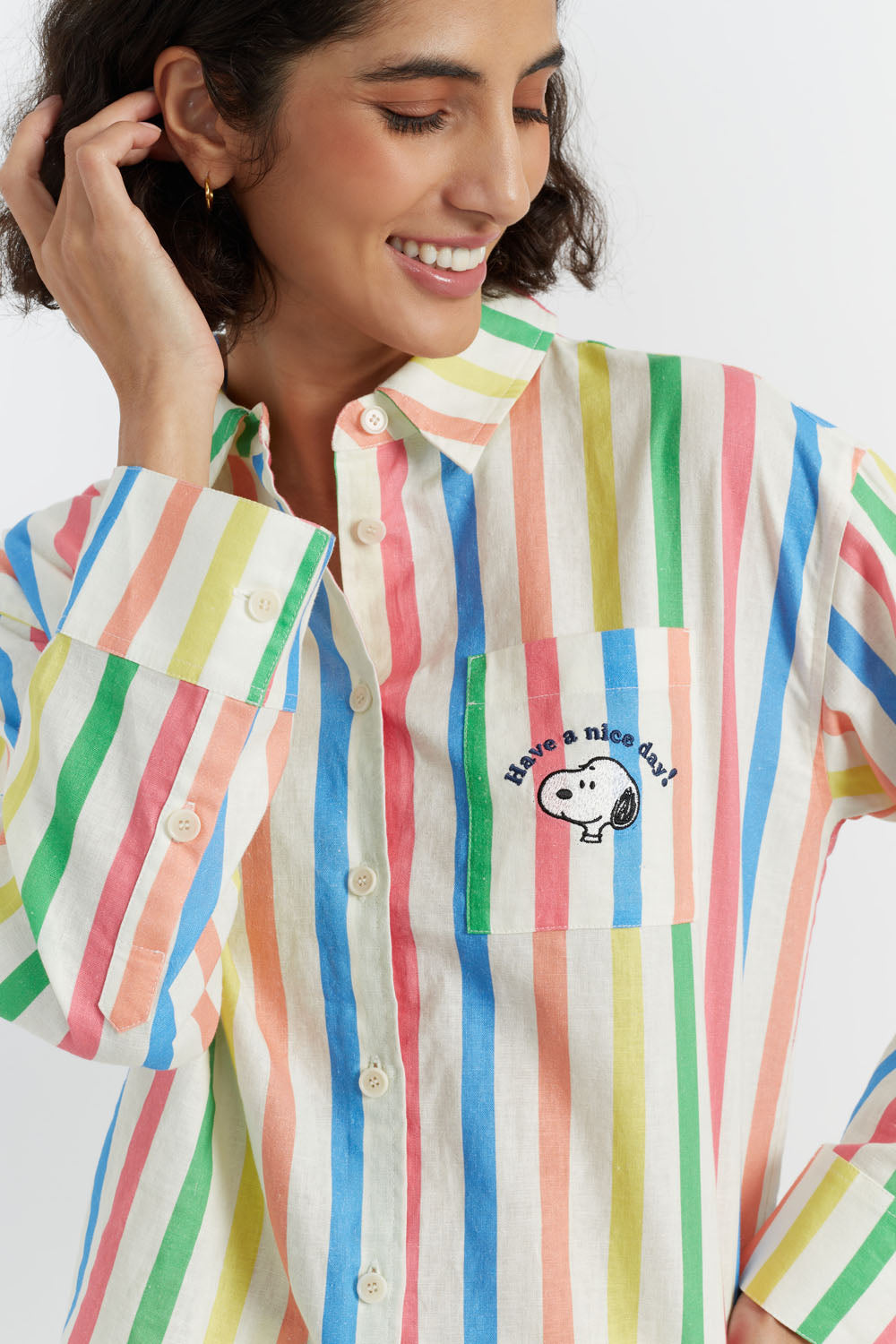 Stylish Snoopy Striped Long Sleeve Shirt - Soft Cotton Linen Blend for Men & Women - Perfect for Casual Wear, Office Outfits and Everyday Comfort