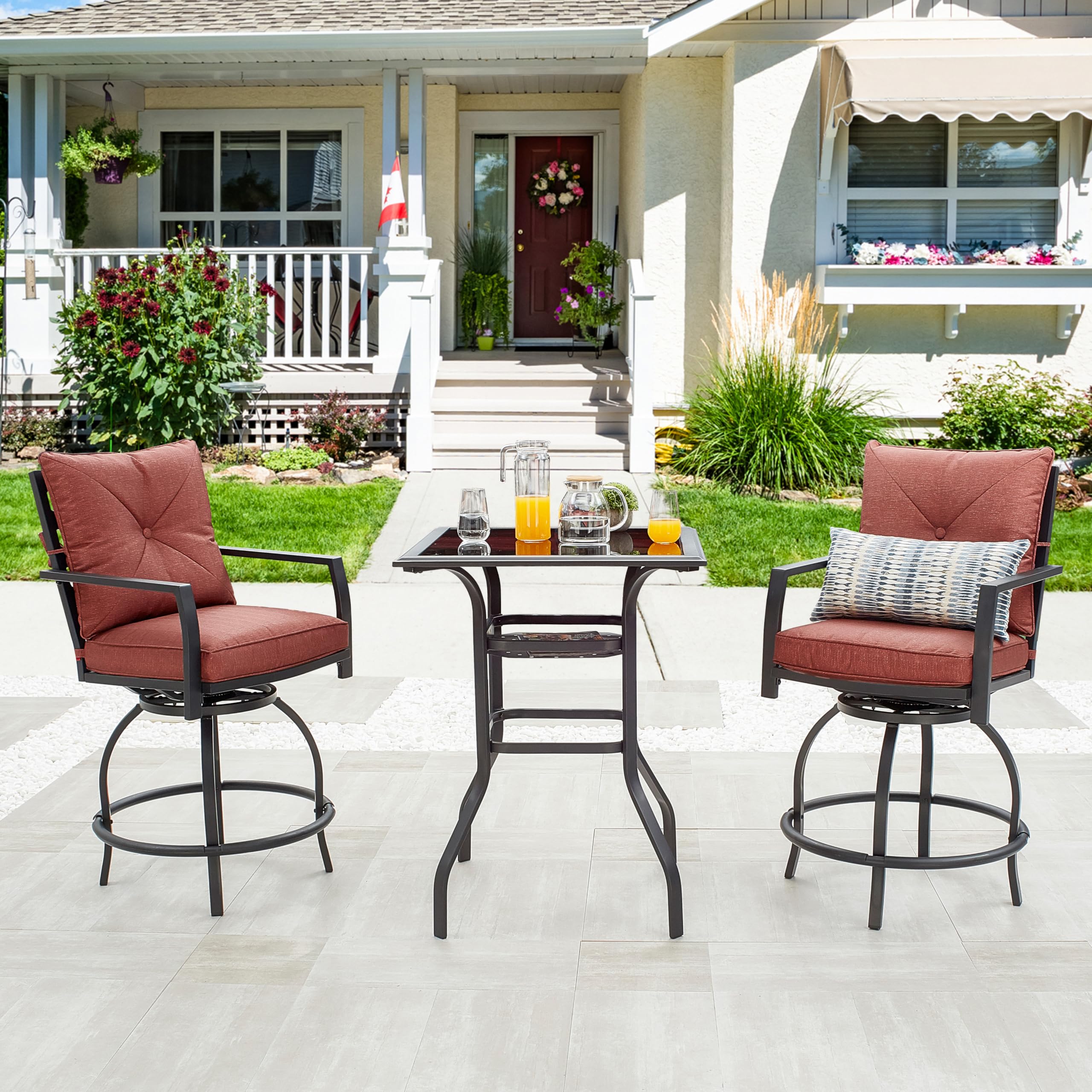 LOKATSE HOME 3-Piece Patio Bar Set with 2 Swivel Bar Stools & 1 High Glass Top Table - Outdoor Bistro Dining Furniture for Balcony, Deck, Garden - Red (Bar Height)