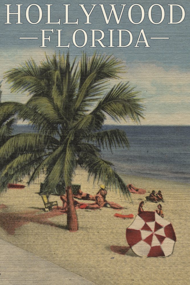 Vintage Hollywood Florida Beach Scene Postcard 46387 - 24x36 Signed Art Print, Wall Decor Poster for Living Room, Bedroom & Office