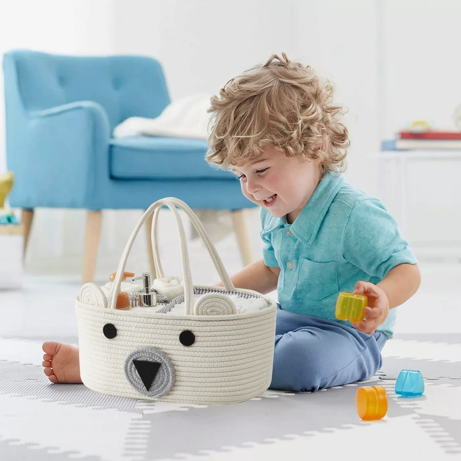 DECOMOMO Large Woven Teddy Bear Diaper Caddy Organizer Basket - Baby Nursery Storage for Diapers, Wipes & Essentials - Perfect for Baby Showers, New Parents & Nursery Decor