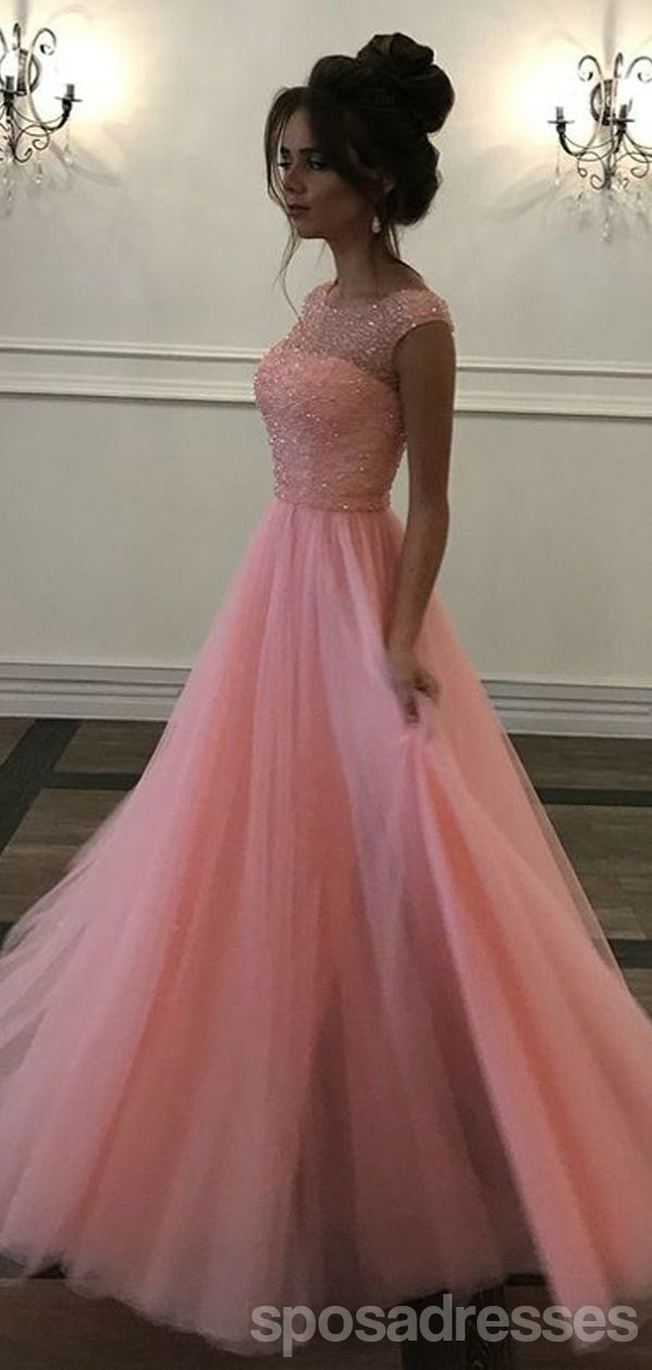 Elegant Pink A-Line Jewel Maxi Long Prom Dress for Women - Formal Evening Gown with Beading - Perfect for Homecoming, Wedding, and Special Occasions