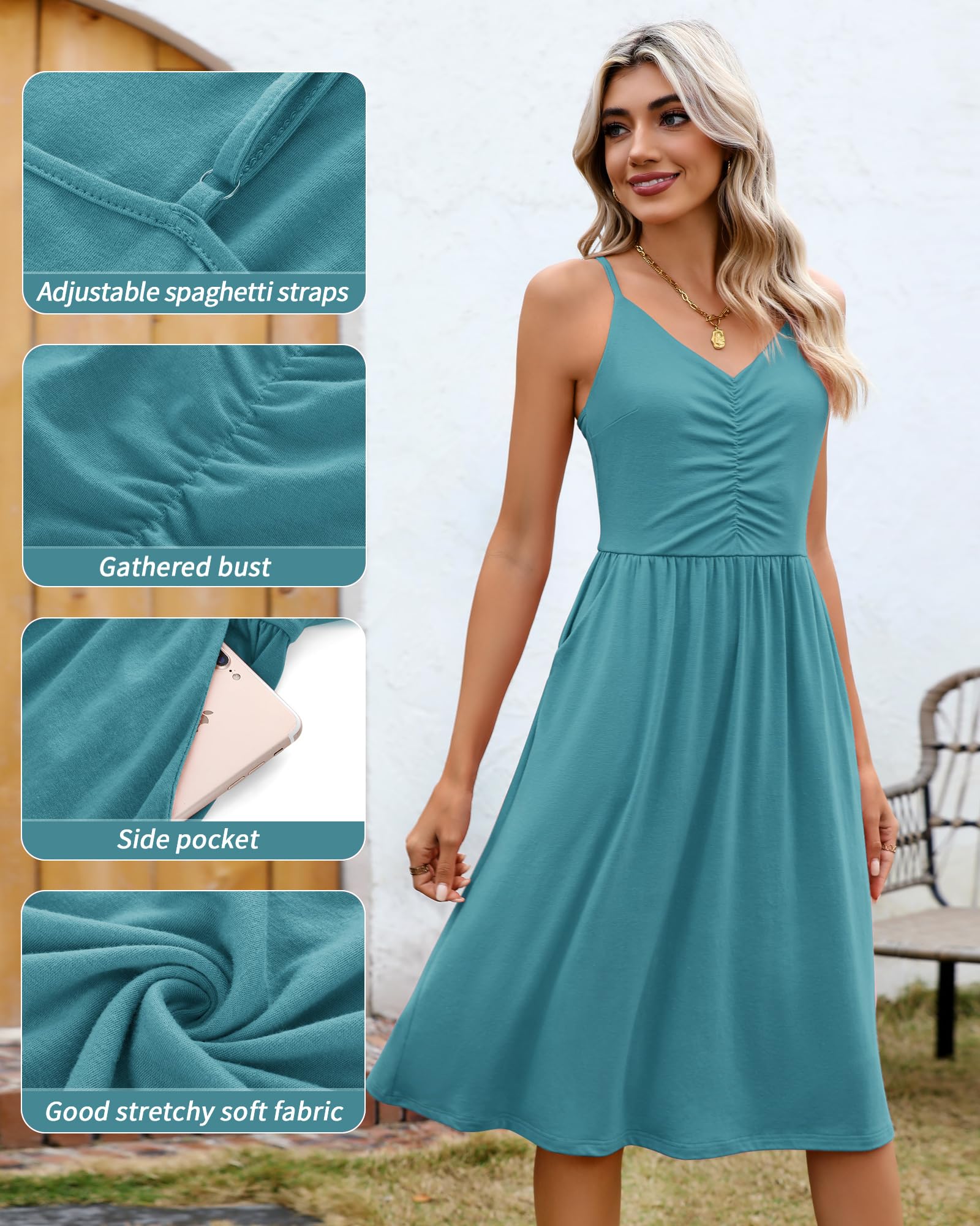 2 Pack Women's Spaghetti Strap Summer Dresses - Casual Pleated Sundress with Pockets, Flowy Swing Camisole for Beach, Vacation, and Everyday Wear