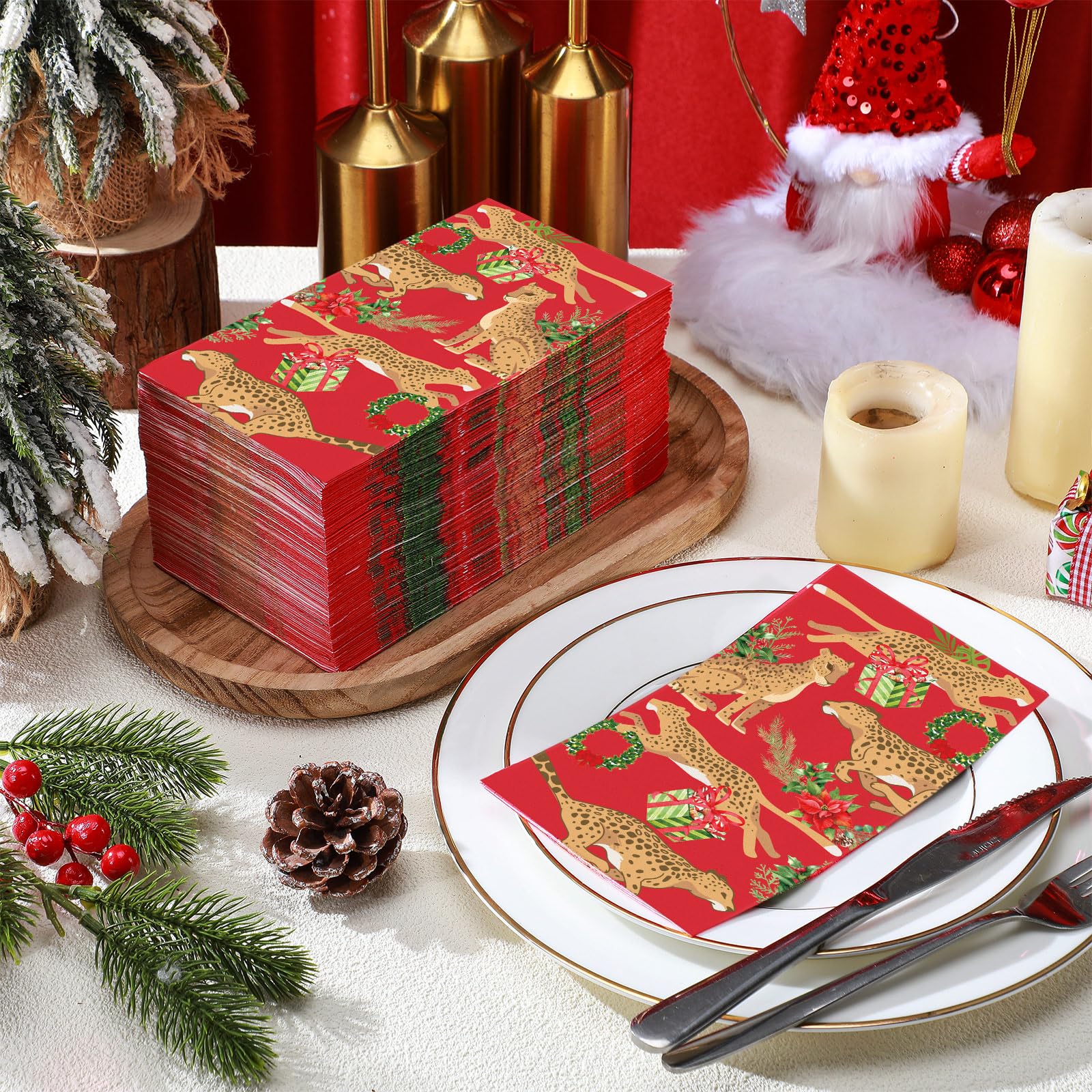Seajan 200-Pack Christmas Leopard Print Disposable Paper Napkins & Hand Towels - Premium Bathroom Guest Towels for Holiday Parties, Weddings & Home Decor