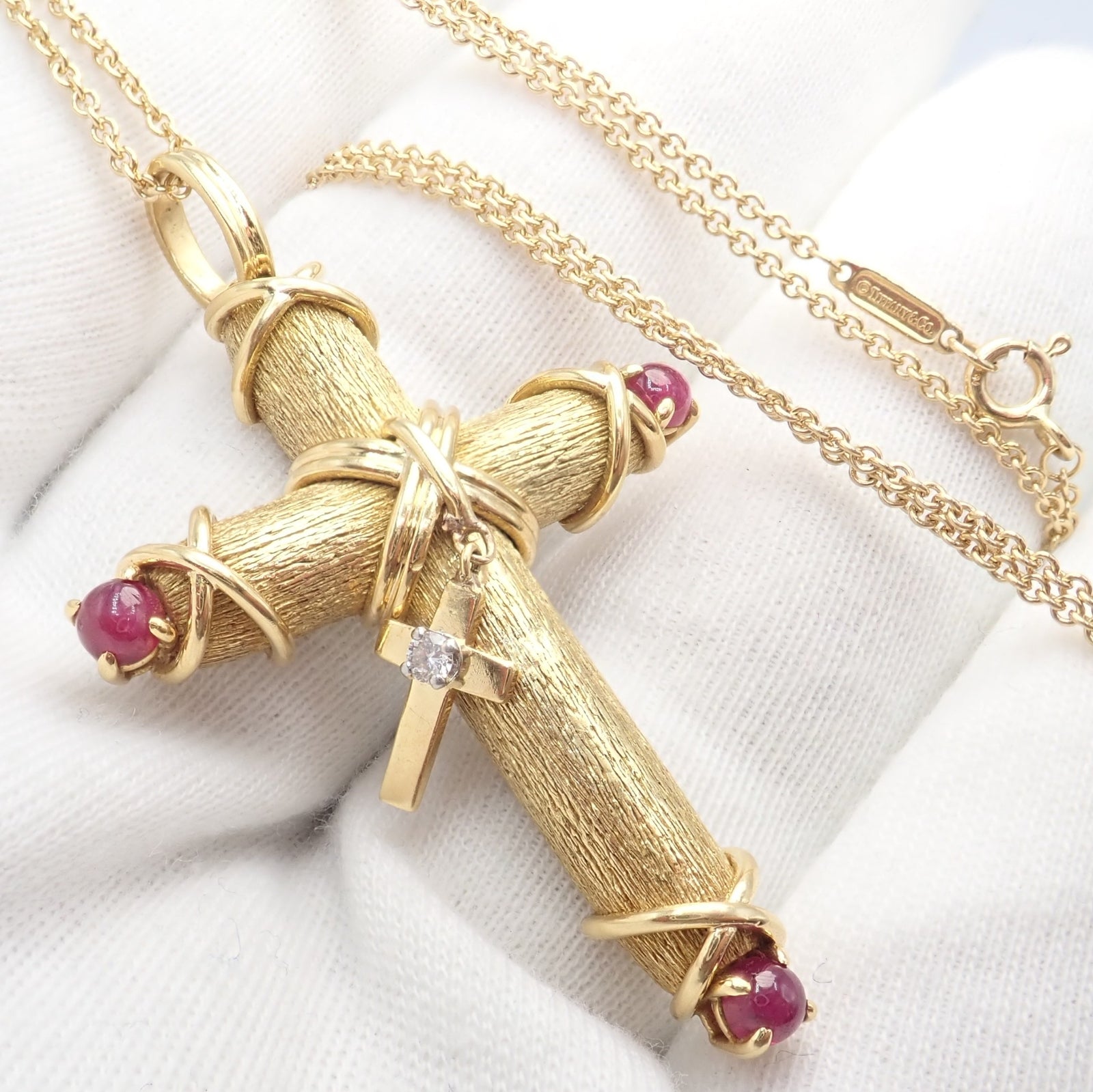 Tiffany & Co Schlumberger 18k Yellow Gold Ruby Diamond Cross 24