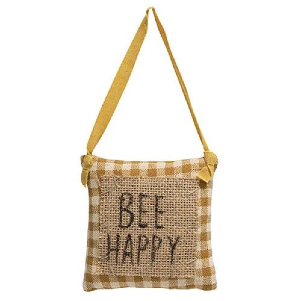 Bee Happy Mustard Check and Burlap Pillow Hanger - Farmhouse Home Decor for Living Room, Bedroom, or Front Door