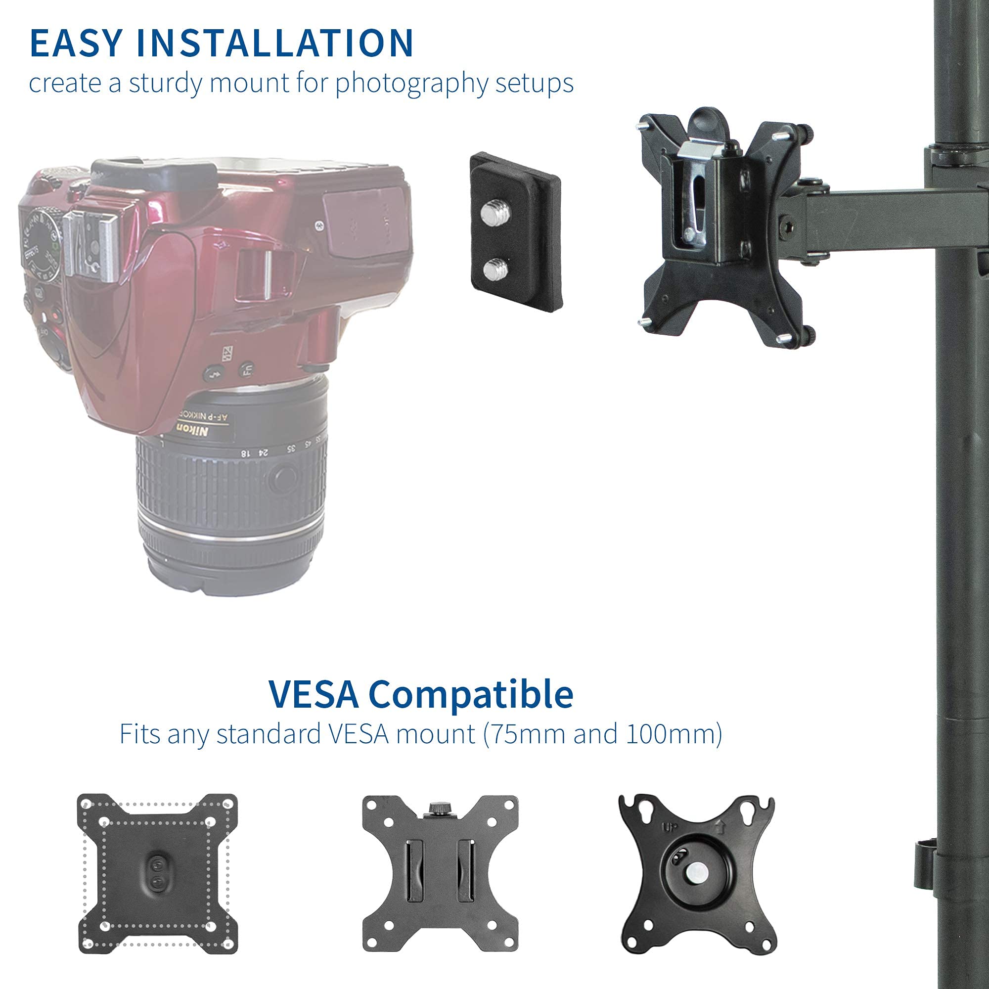 Universal VESA Adapter Bracket Kit for Cameras - 1/4 Inch Mount for Monitor Stand & Tripod - Black MOUNT-V00CAM - Perfect for Overhead Portrait, Landscape Photography & Video Shooting