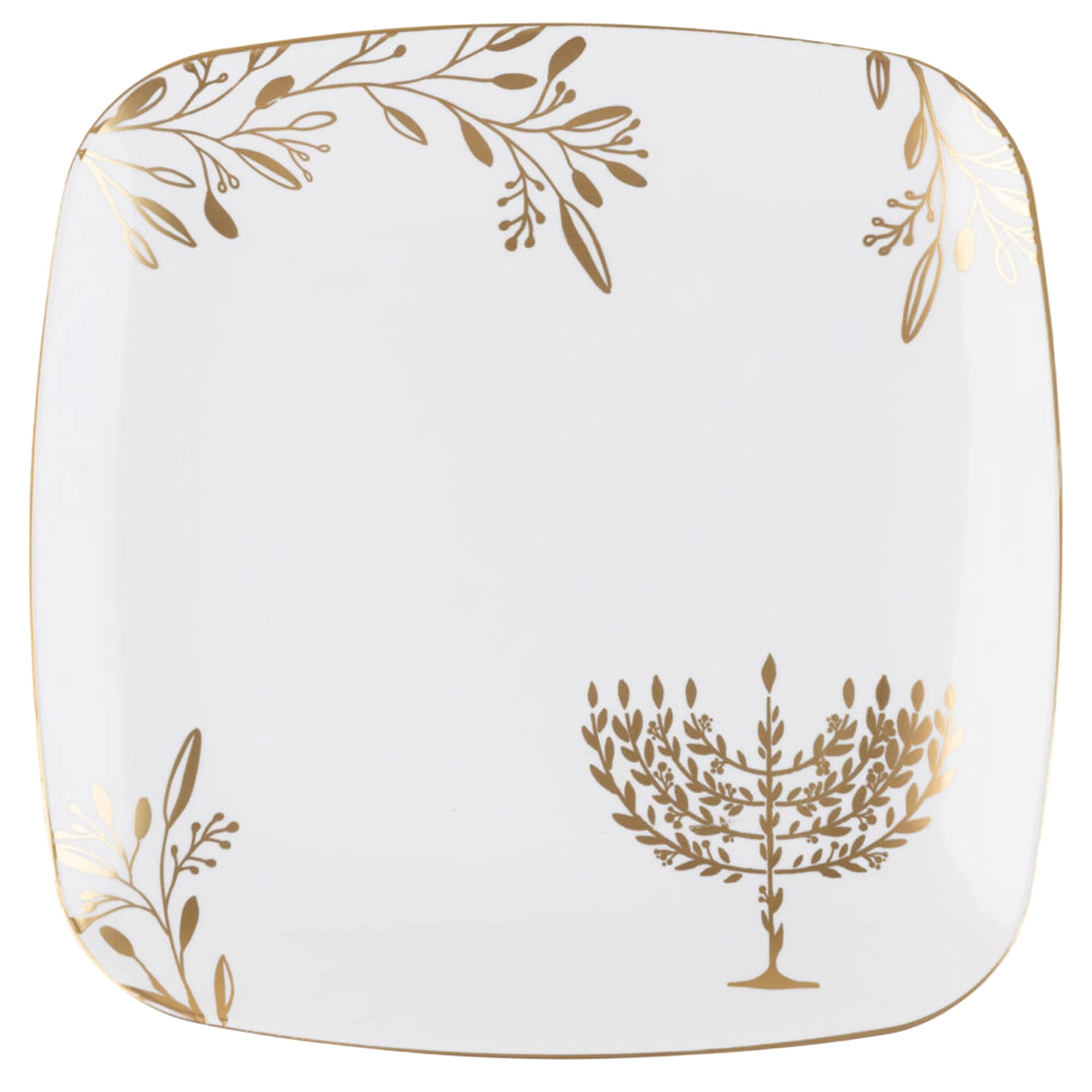 10-Inch Square Heavy Duty Plastic Hanukkah Dinner Plates - White & Gold Chanukah Design Disposable Party Plates (60-Pack) for Hanukkah Celebrations, Holiday Gatherings, and Festive Meals