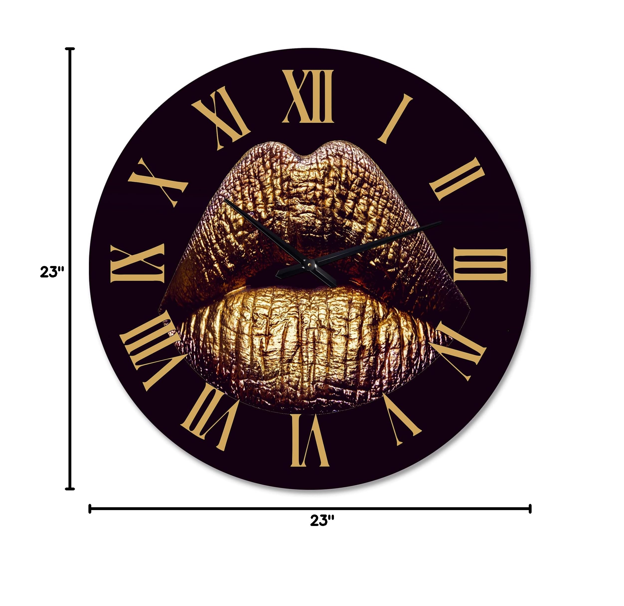 DesignQ Modern Wall Clock - Sexy Golden Metallized Female Lips II - Large Decorative Wall Clock for Living Room, Bedroom, Office - Unique Home & Interior Decor Gift Idea