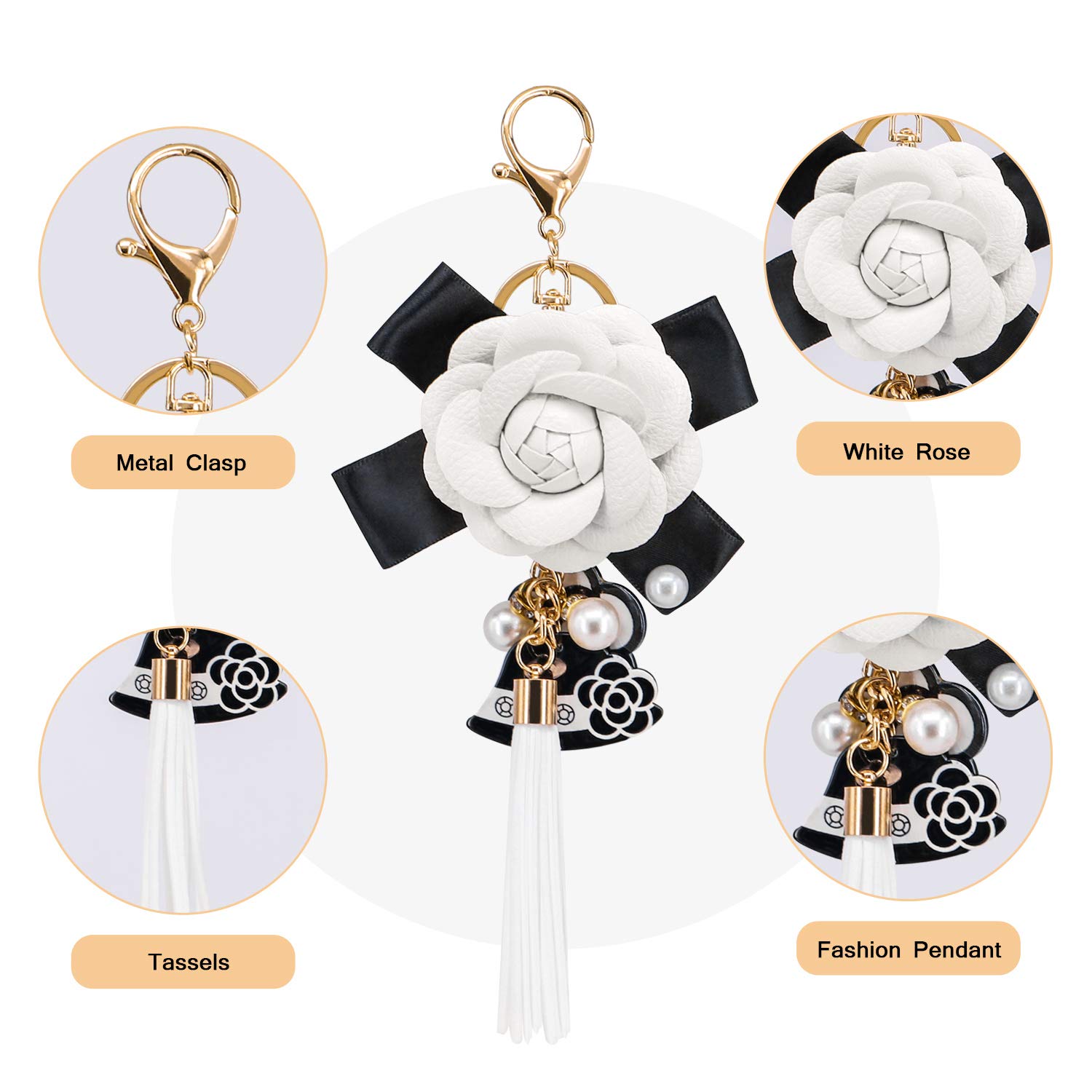 Elegant White Leather Keychain with Pearl Pendant & Long Tassel - Flower Key Ring for Handbags, Purses & Car Keys - Perfect Gift & Fashion Accessory (Ideal for Everyday Use, Parties & Special Occasions)