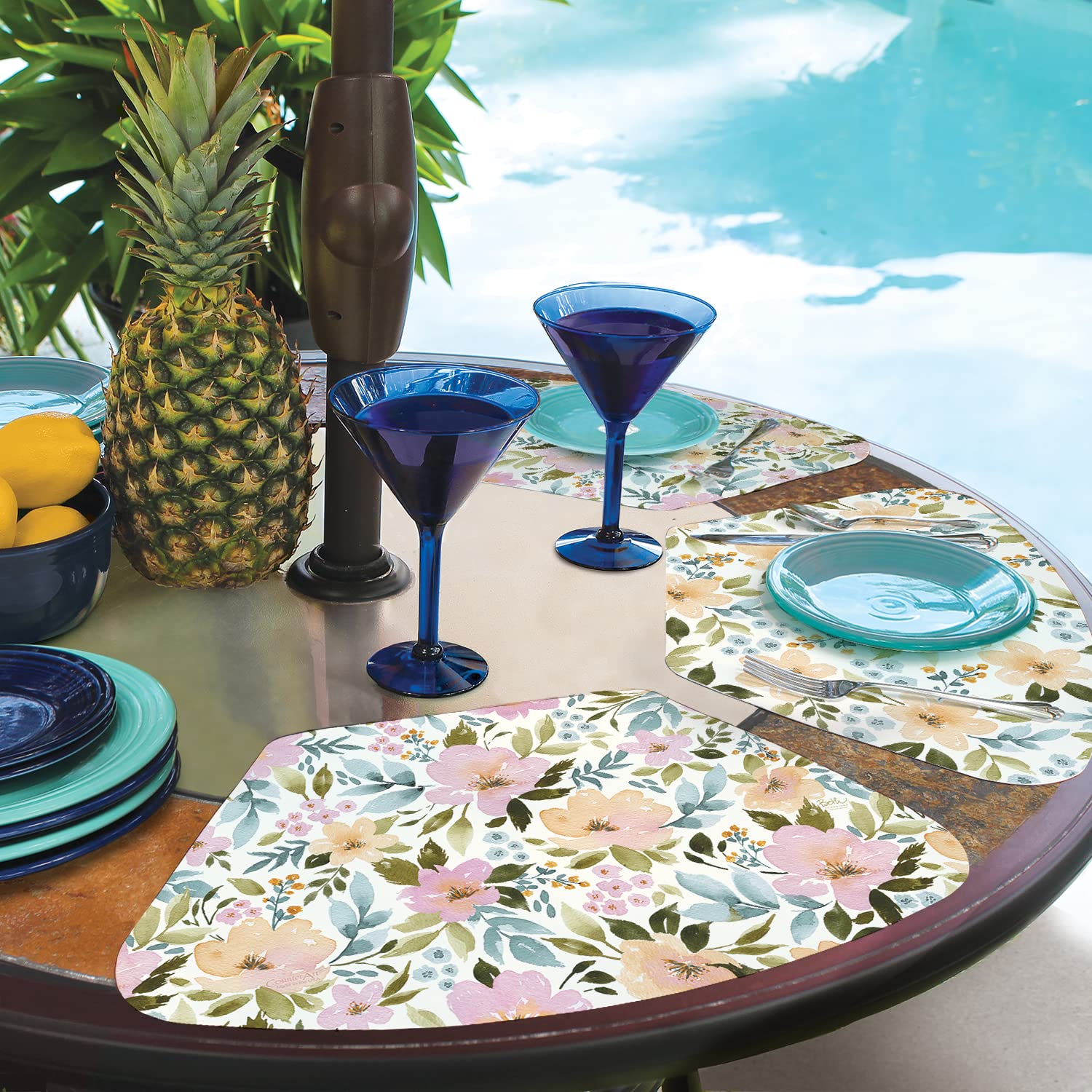 CounterArt Cascade Floral Reversible Plastic Placemats - 4 Pack, Wedge Shaped, 17.75