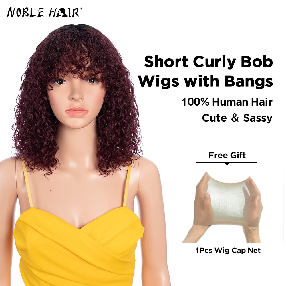 NOBLE HAIR Short Curly Human Hair Wigs with Bangs - Jerry Curl Bob Wigs Brazilian Virgin Human Hair for Black Women | Machine Made Ombre Burgundy Wig (12 inch) - Perfect for Daily Wear, Cosplay & Special Occasions