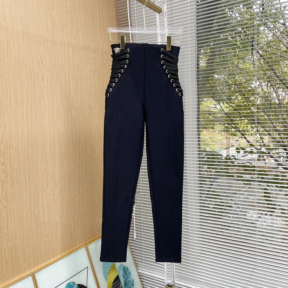 Stretchy Women's Pencil Pants - Black & White Skinny Trousers with Bandage Waist | European Street Style | Perfect for Work, Office & Night Out