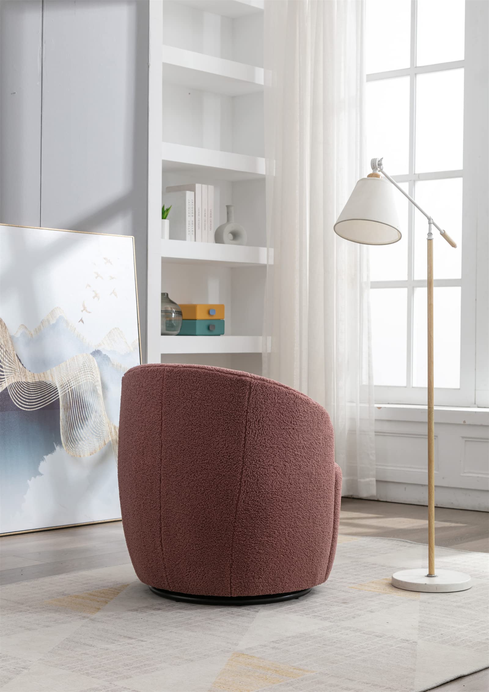 JINS&VICO Modern Swivel Barrel Chair - Teddy Fabric Upholstered Accent Armchair with 360° Metal Swivel Base, Round Single Leisure Sofa Chair for Living Room, Bedroom & Office - Dark Red - Perfect for Reading Nooks, Coffee Shops and Cozy Home Decor
