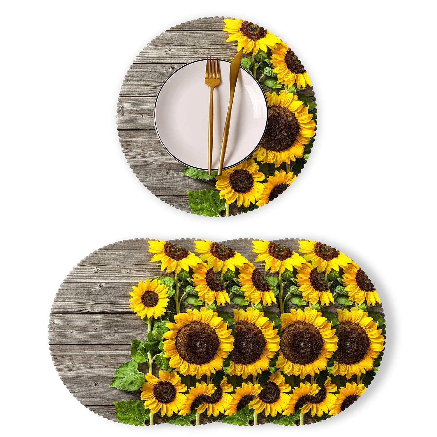 4-Pack Round Heat-Resistant Polyester Placemats for Dining Table - Sunflower Wood Pattern Christmas Kitchen Decor - Perfect for Holiday Dinners, Family Gatherings & Everyday Use