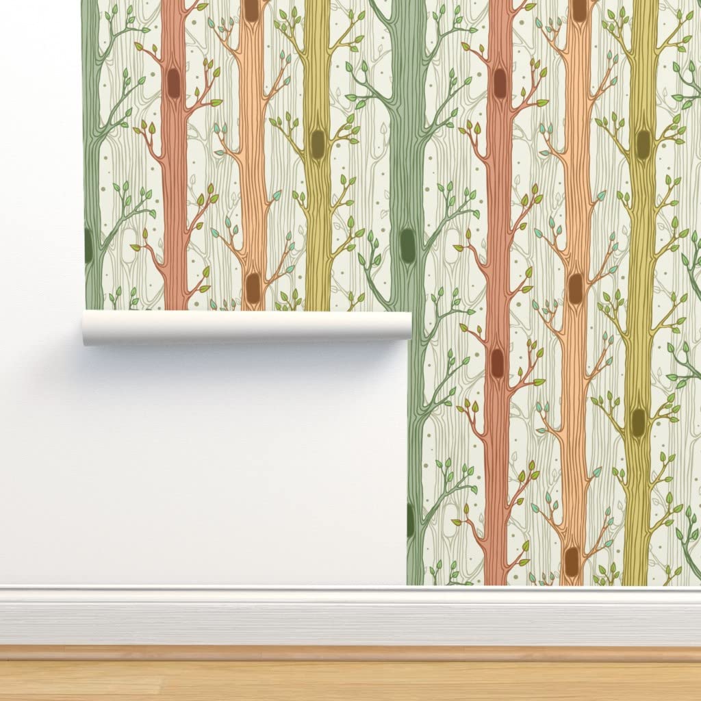 Peel & Stick Wallpaper 12ft x 2ft - Spring Forest Woodland Green Nursery Nature Trees Gender Neutral Custom Removable Wallpaper by Spoonflower | Perfect for Kids' Rooms, Nursery Decor & Home Office Accent Walls
