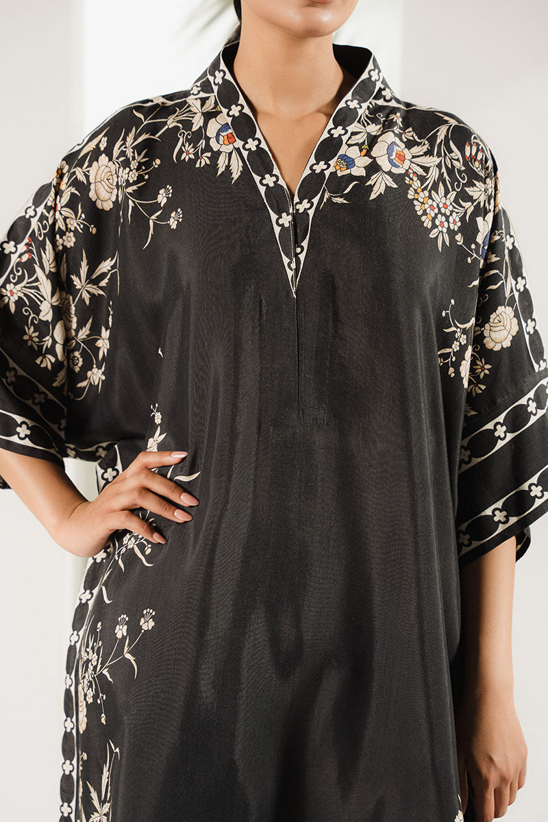 Black Trellis Printed Silk Shirt for Women - Elegant Floral Pattern Blouse for Office, Party & Special Occasions
