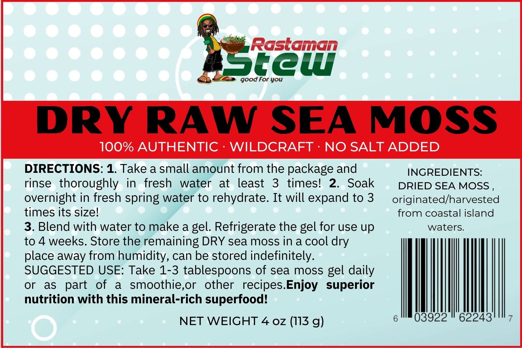 Organic Raw Wildcrafted Jamaican Sea Moss (Chondrus Crispus) - Sun-Dried, Nutrient-Rich Superfood - 4oz/113g - Dr. Sebi Approved - Clean Ocean Harvest | Perfect for Smoothies, Vegan Recipes & Immune Support