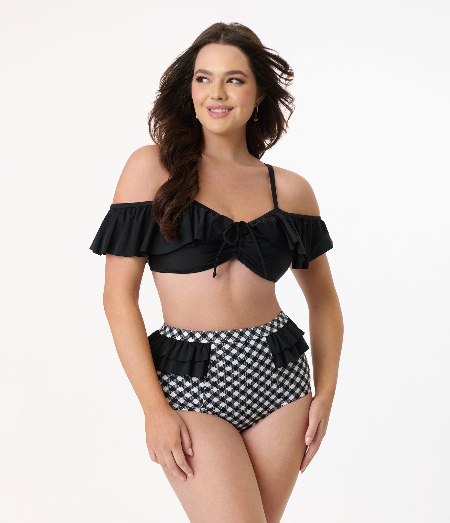 Vintage Black Ruffle Swim Top - Retro High Neck Bikini Top for Women - Perfect for Beach Vacations, Pool Parties & Summer Getaways