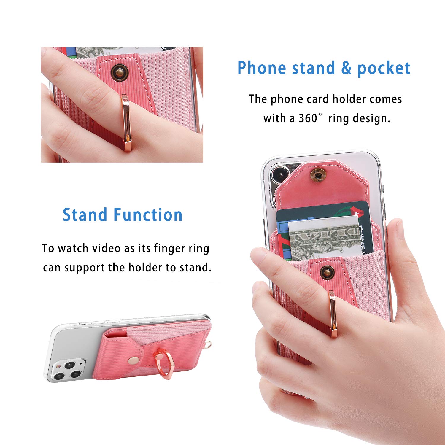 Pink Adhesive Stick-on Cell Phone Card Holder with Ring Grip Stand & Detachable Neck Strap - Wallet Pocket for Credit Cards, ID & Cash - Perfect for Hands-Free Shopping, Travel & Daily Commute