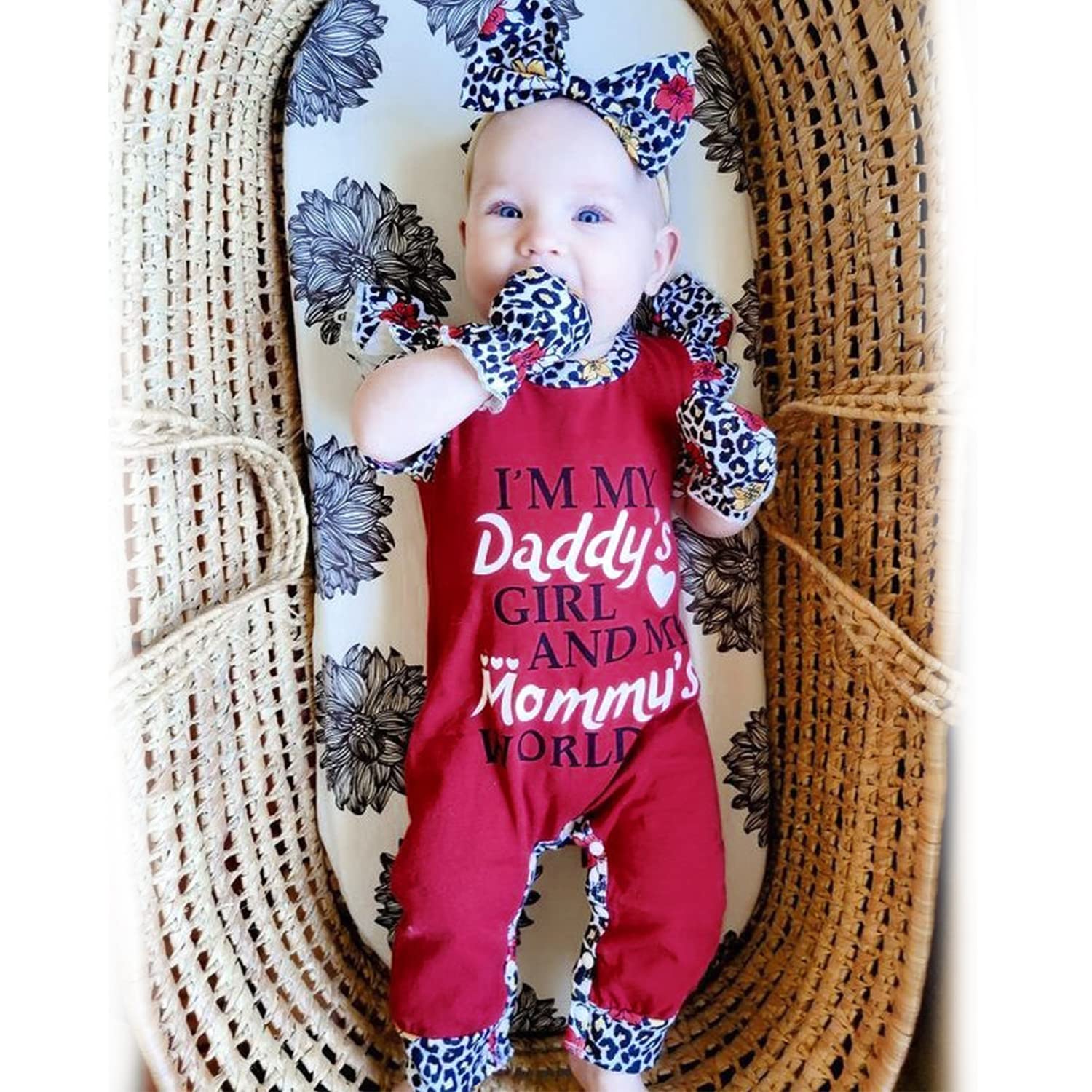 HINTINA Newborn Baby Girl Outfit Set - Letter Print Romper Jumpsuit with Gloves & Headband for Preemie (0-3 Months) | Soft Cotton Infant Clothes for Hospital, Photo Shoots & Special Occasions