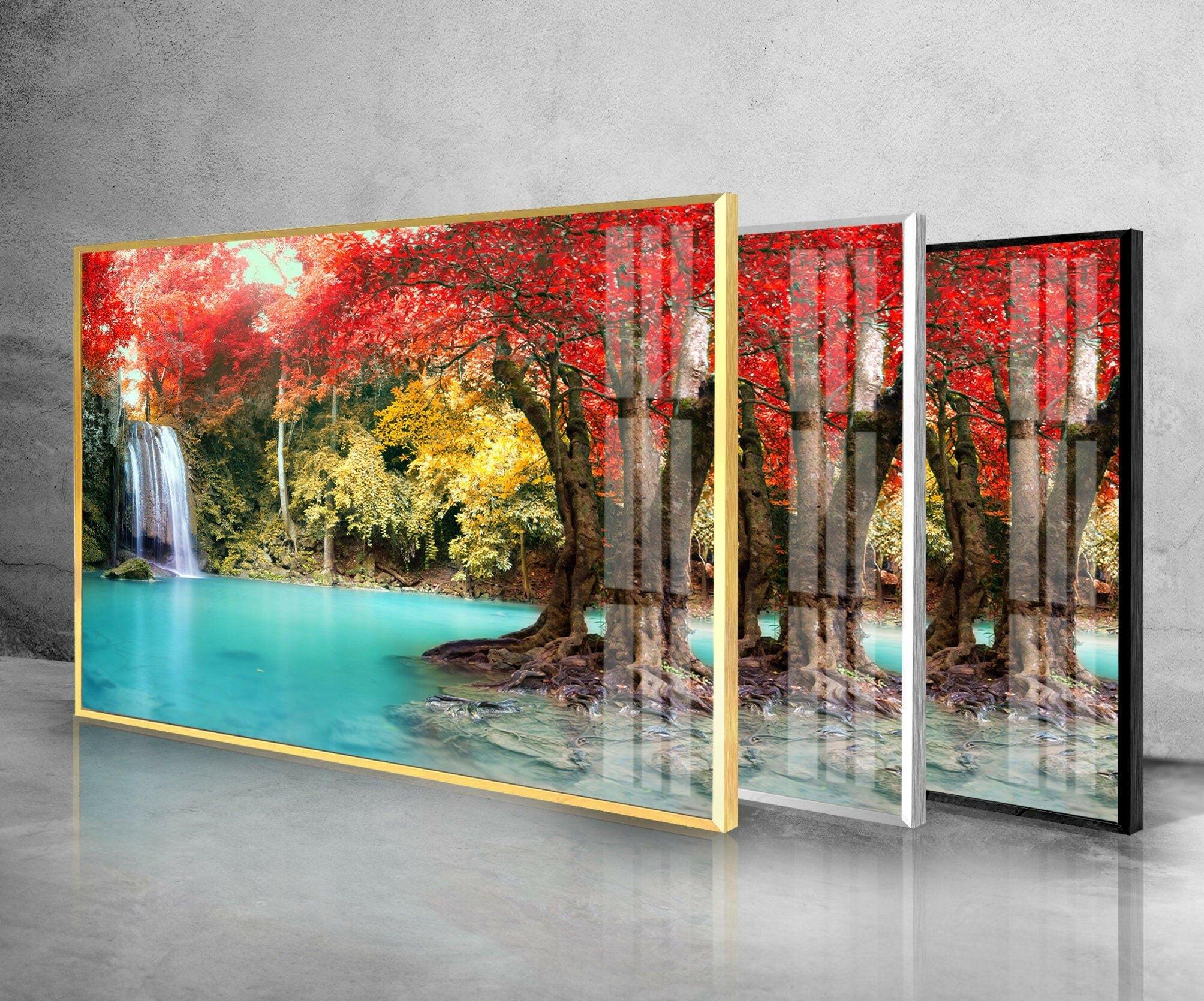 Autumn Forest Waterfall Glass Wall Art - Nature-Inspired Home Decor for Living Room, Bedroom & Office