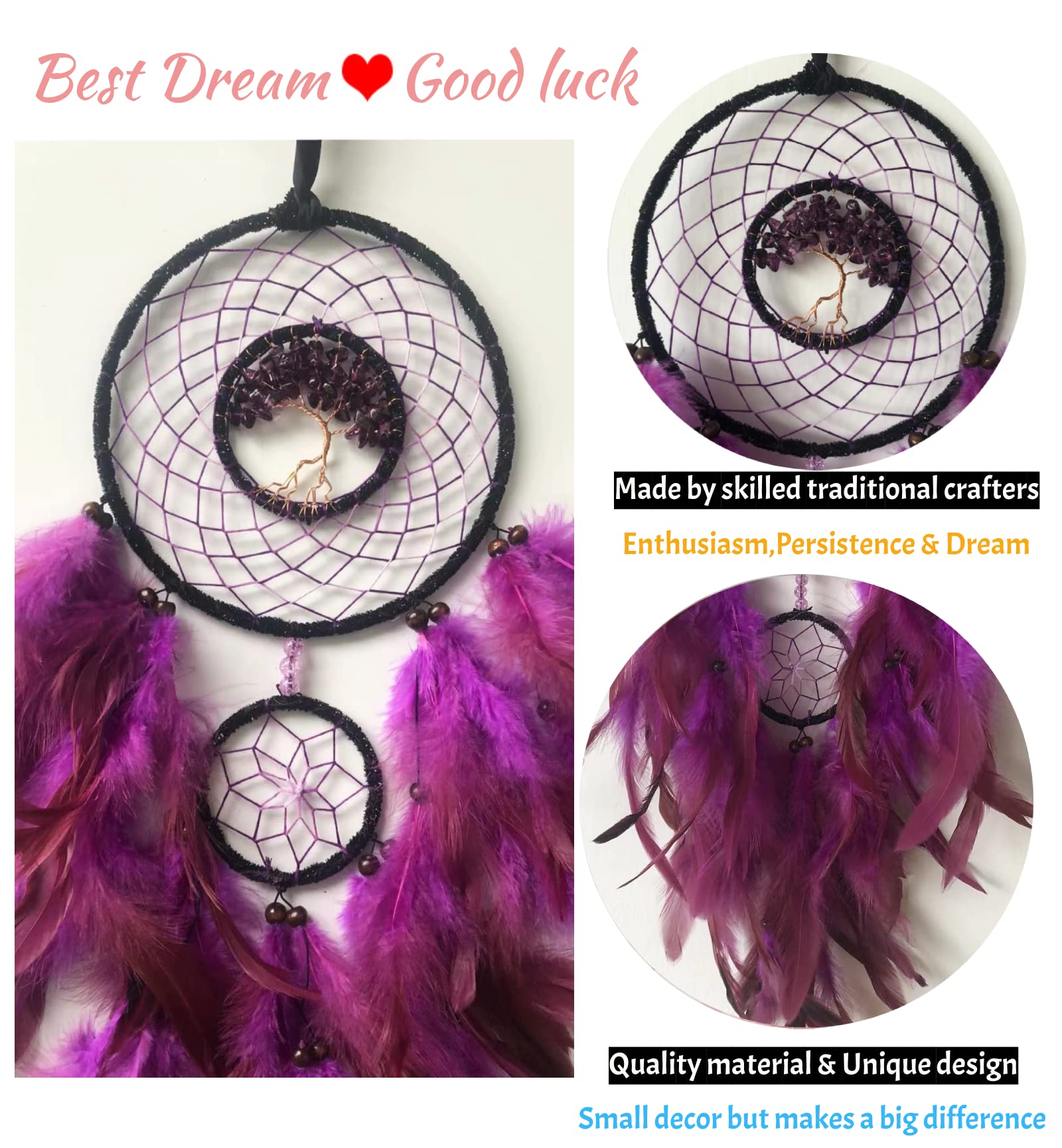 Purple Dream Catcher for Kids & Adults - Tree of Life Crystal Feather Wall Hanging for Bedroom Decor, Teen Room & Native American Style Home Accessories | Perfect for Nursery, Dorm Room & Spiritual Gifts
